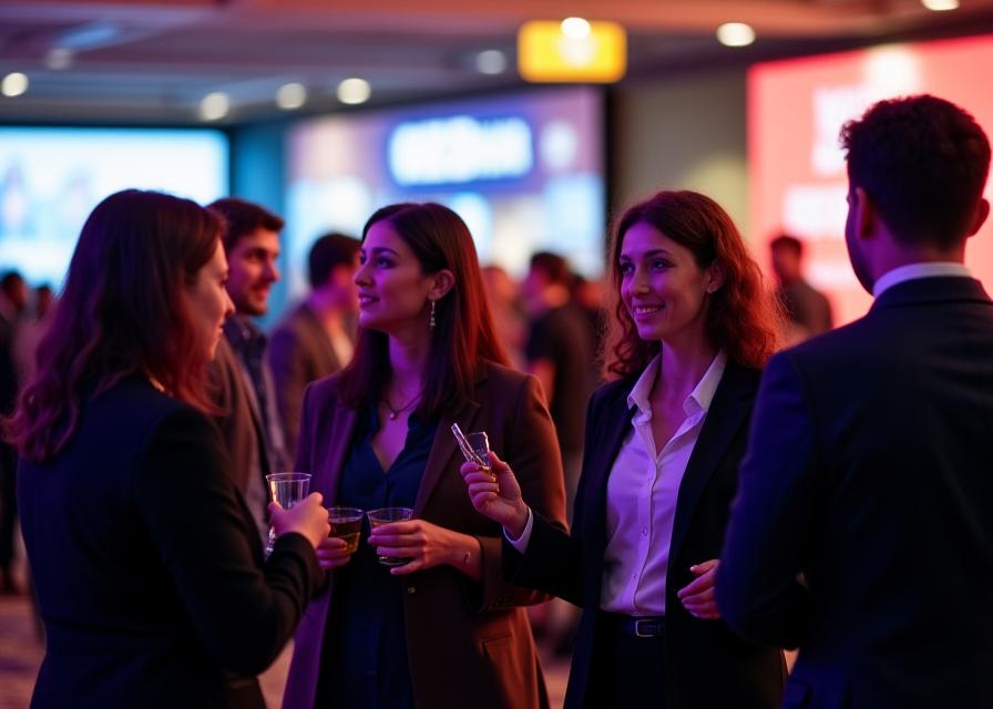 A candid shot of attendees networking at a corporate conference.