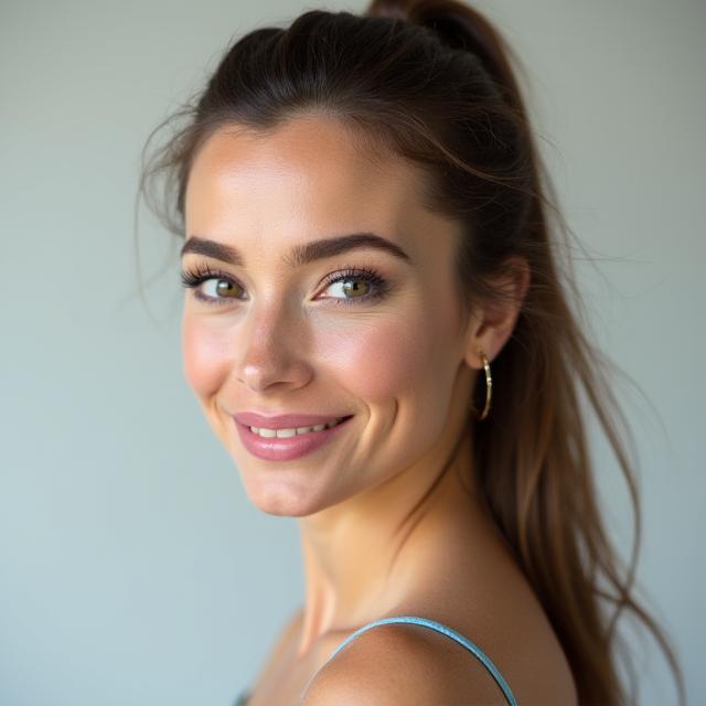 A professional and striking headshot of a woman in a studio setting.