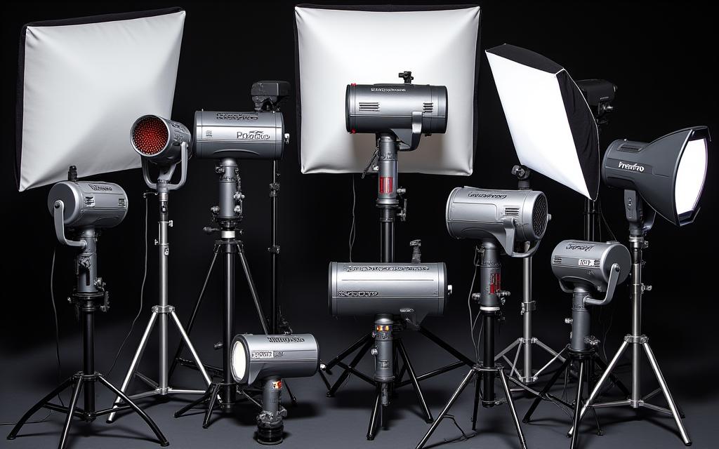 A collection of Profoto lighting equipment, C-stands, and modifiers.